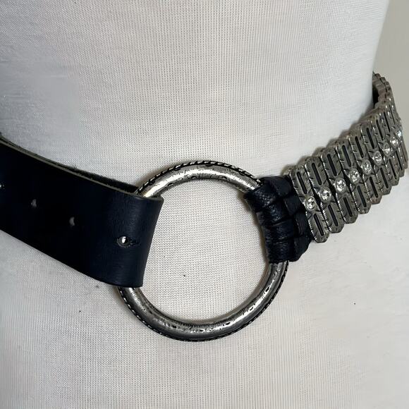 ANTONIAZZI FIRENZE Italy XL Black Leather Belt 1.5” Wide Silver Buckle Crystals - Picture 2 of 10
